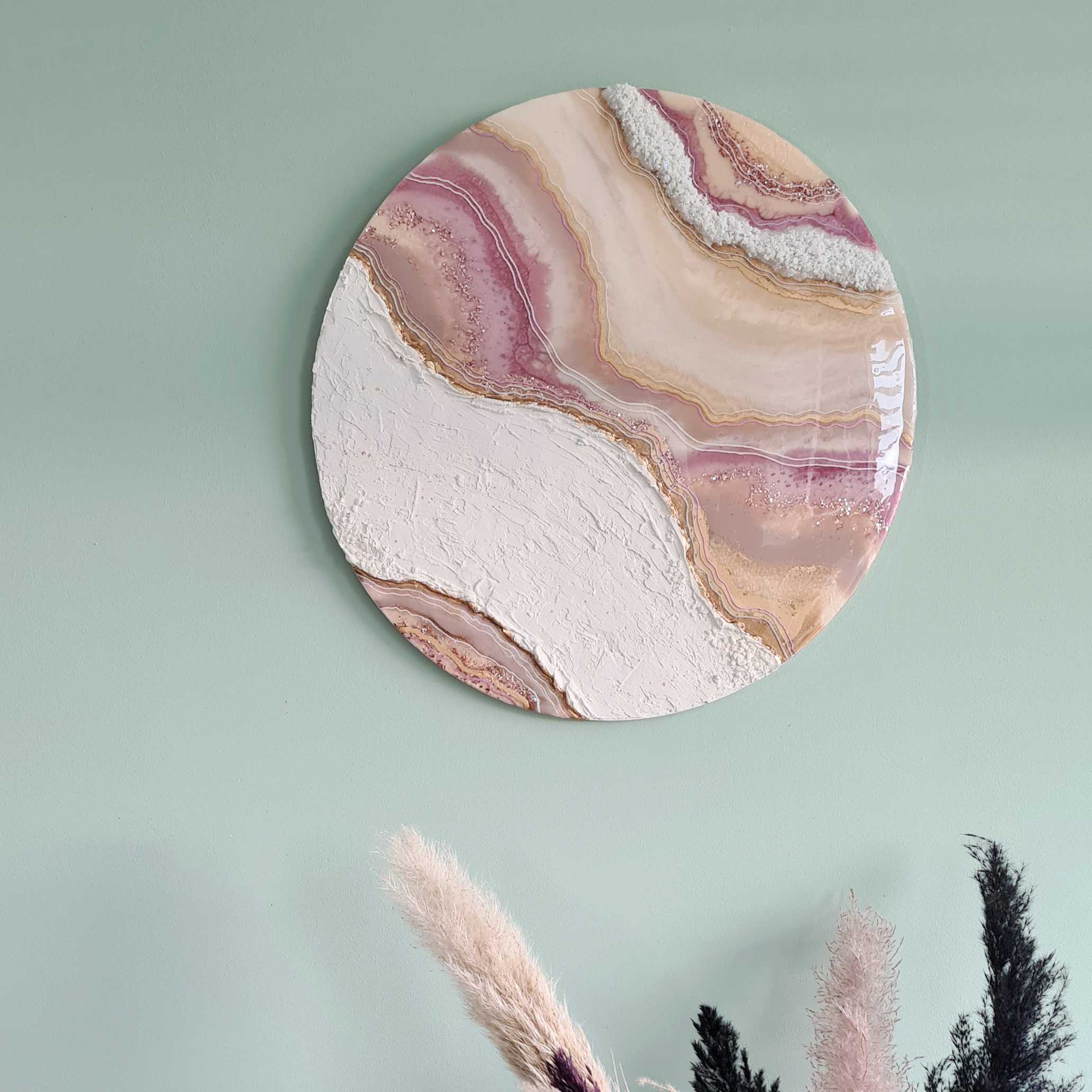 Resin Leef – Wall art vierkant Wanddecoratie wandcirkel gemaakt van Resin en pleister in de kleur roze, beige en wit