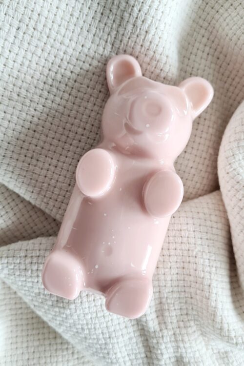 Gummy bear shaped statue, the Charming Teddy, is a handmade art piece from baby pink resin